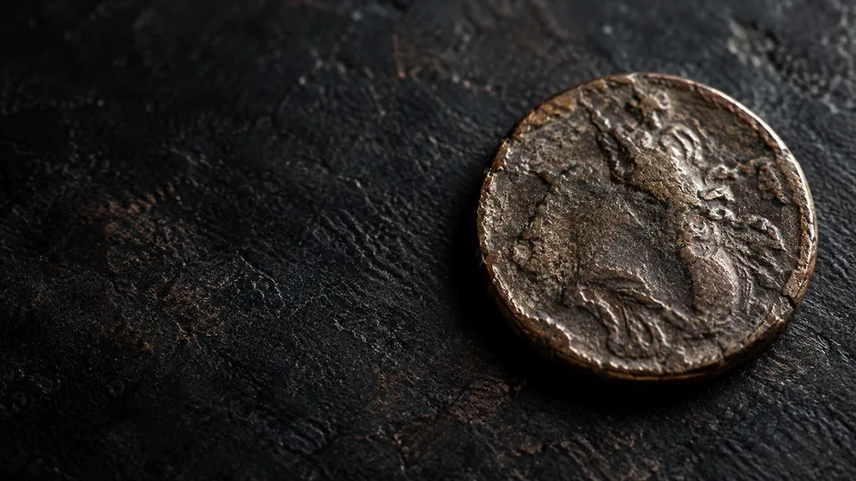Illustrative close-up of a worn coin on a dark collector's surface